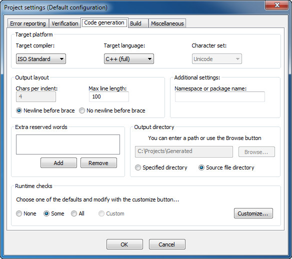 Code generation settings