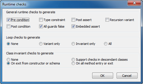 Runtime check generation settings