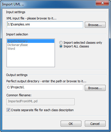 Selecting UML classes to be imported